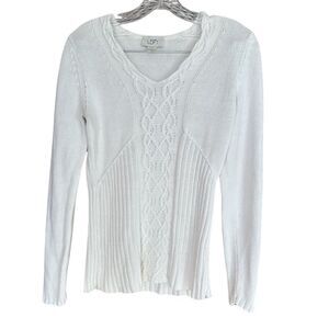 Ann Taylor Loft White Long Sleeve Sweater Ribbed Waist V-Neck Size Small